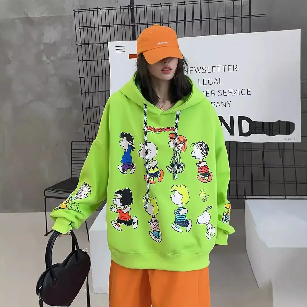 Oversized Graffiti Cartoon Print Hooded Sweatshirts Women 2024 New Spring and Autumn Mid Length Loose Casual Hoodie Coats