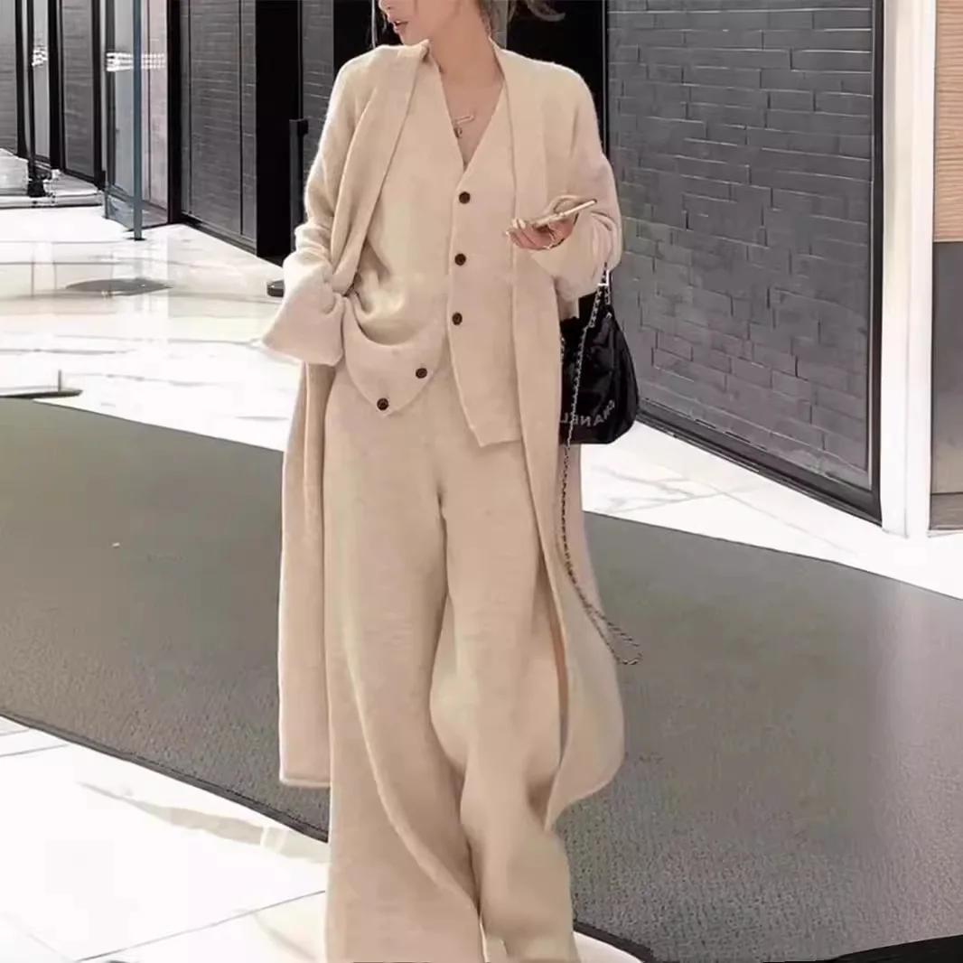 

Three Pieces Women Knitted Pant Set Casual Matching Set Sweater Long Cardigan Vest Wide Leg Pants Loose Elegant 2025 Autumn