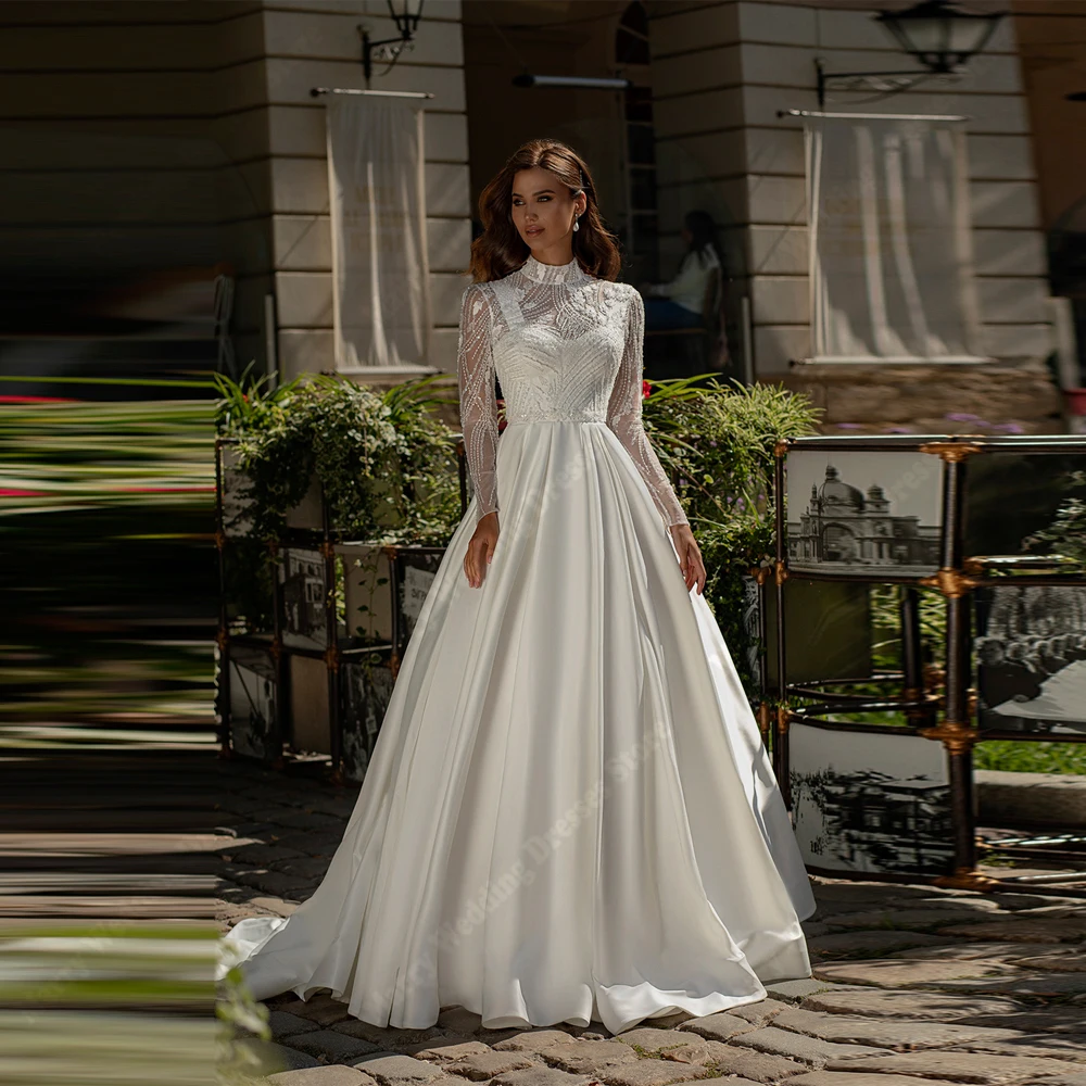 

High-Collar Wedding Dresses Modern Elegant A-Line Lace Appliques Long Sleeves Bridal Gown Princess Party Floor Length Customized