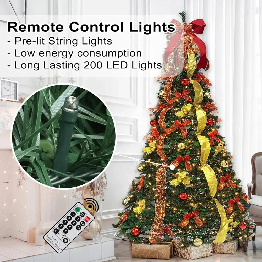 Pre-lit Christmas Tree - 6.5 Ft Fully Decorated Pull Up Christmas Tree with Remote, 200 LED Lights, Ornaments, Red&Gold Ribbon