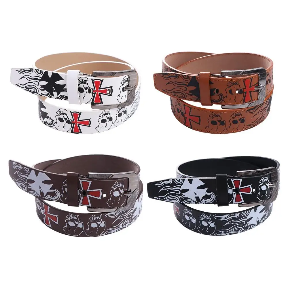 Correa de cuero PU para hombre y mujer, accesorio de estilo Punk, con patrón de calavera y esqueleto cruzado, estilo coreano, informal