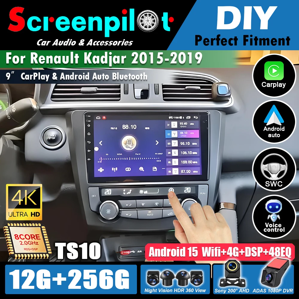 Central Multimídia Android 16 para Renault Kadjar 2015 2016 2017 2018 2019 com Carplay, Bluetooth, Wi-Fi 5G, Câmera e Tela Sensível ao Toque