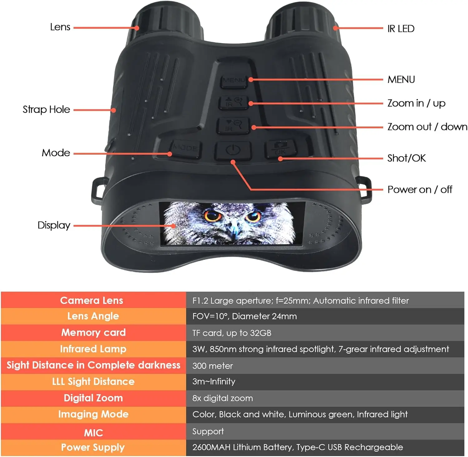 Dispositivo de câmera binocular de visão noturna 4K, telescópio de caça digital com zoom digital 8X, visão noturna de tela grande de 3,2 polegadas