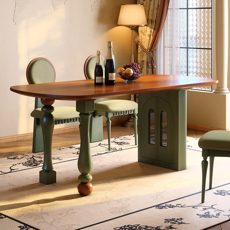 French retro solid wood dining table, small apartment ash wood high-end rectangular medium and antique storage dining table