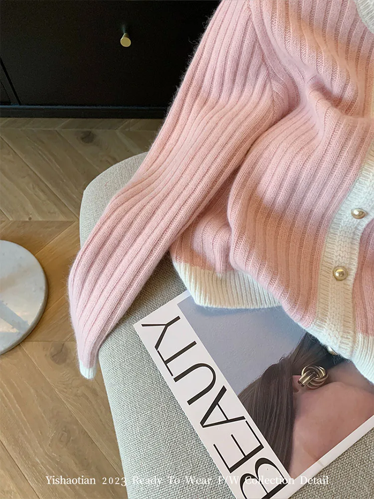 Harajuku Korean Autumn Winter Pink Cashmere Top O-Neck Cozy Casual Sweet Sweater Knitted Cardigans Long Sleeve Mori Girl Style