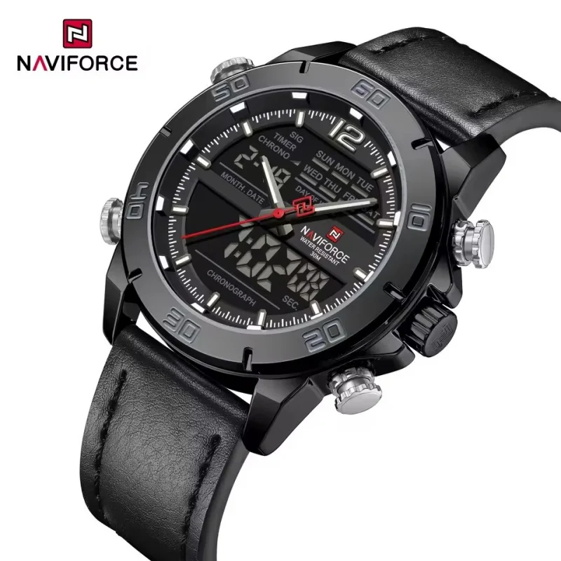 NAVIFORCE 9253L Men's Electronic Quartz Watch Waterproof Night Light Calendar Sports Leather Strap Fashion relojes hombres