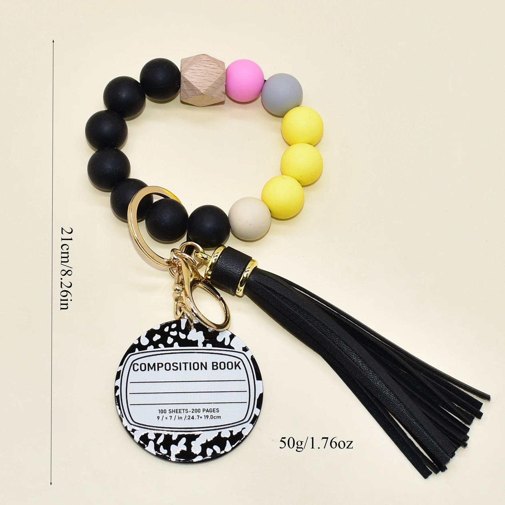 Teacher Gifts Idea S​ilicone Beads Pencil Colors Bangle Keychain Design With Big Acrylic Pencil Black Composition Charms