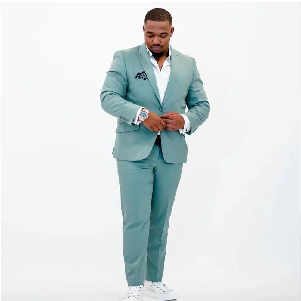 

Mint Green Plus Size Men Suit Peaked Lapel Blazers Wedding Male Tuxedos Slim Fit Groom Wear 2 Pieces Set Prom Jackets And Pants