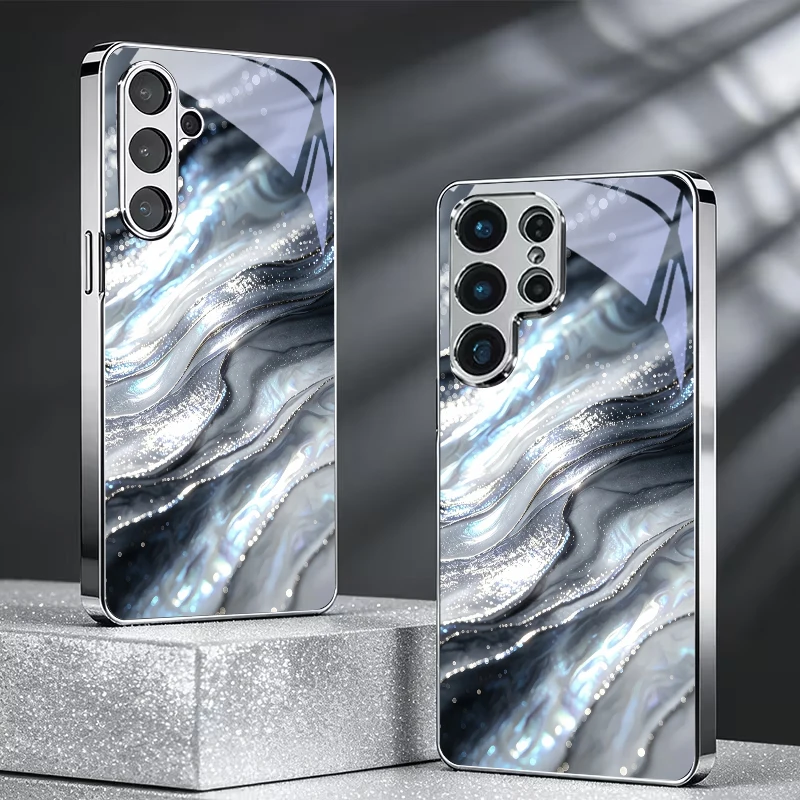 Glitter Resin Wave Electroplated Silver Phone Case For Samsung A34 A54 A15 A35 A55 A06 A16 A36 A56 A07 A17 A37 A57 Glass Cover