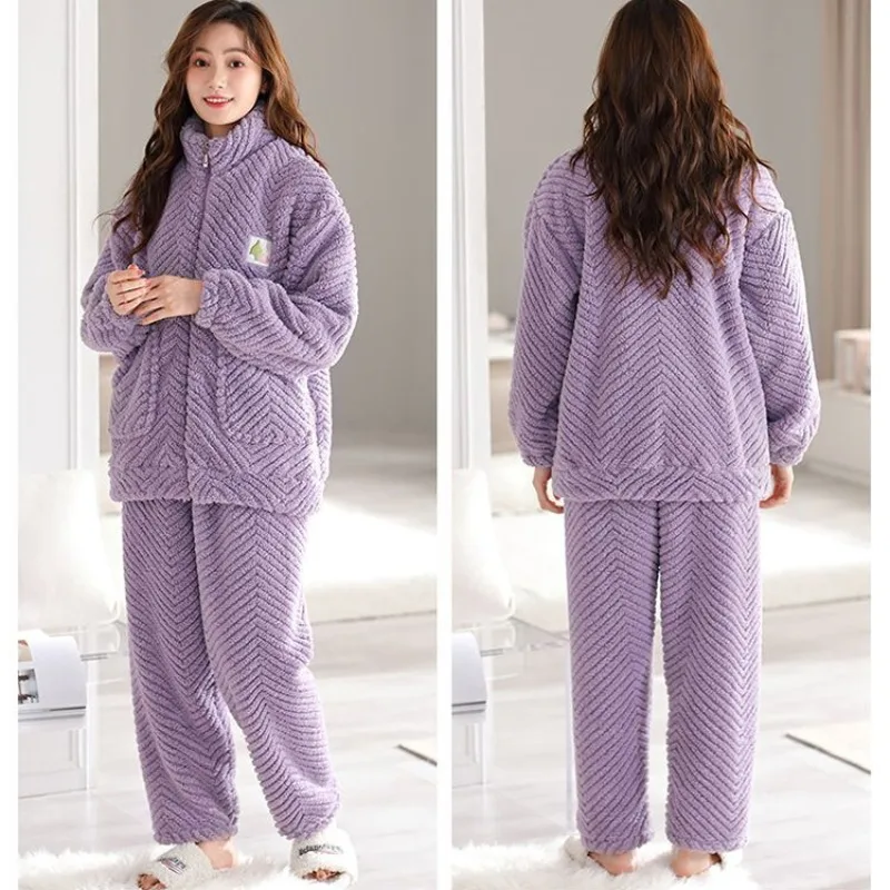 2024 New Double-Sided Flannel Pajamas Women's Autumn Winter Thickened Fleece Plus Size Sleepwear Coral Fleece Homewear Suit