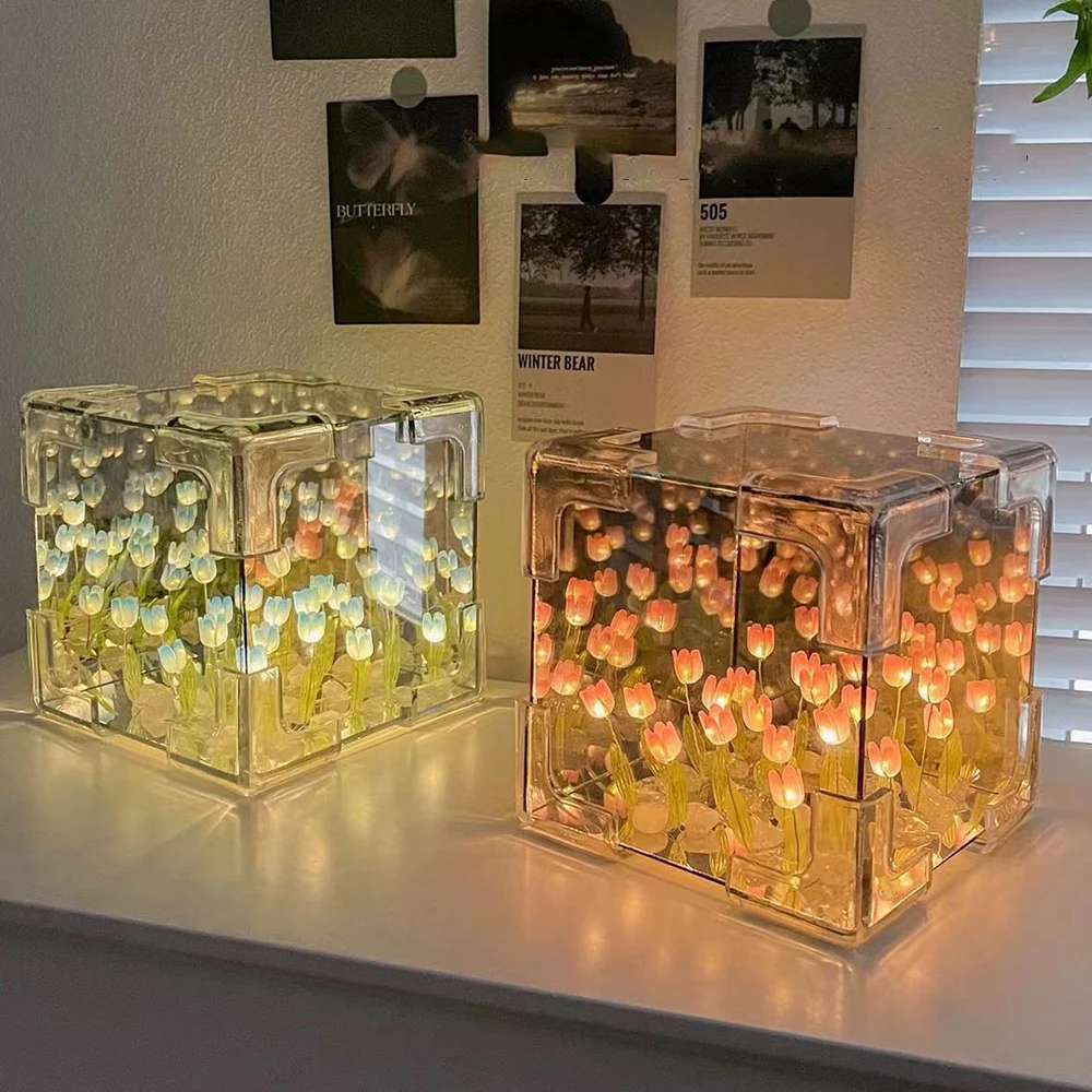 Diy tulipa espelho cubo lâmpada simulação flor quarto dormir candeeiros de mesa artesanal tulipa pequena luz da noite material pacote presente