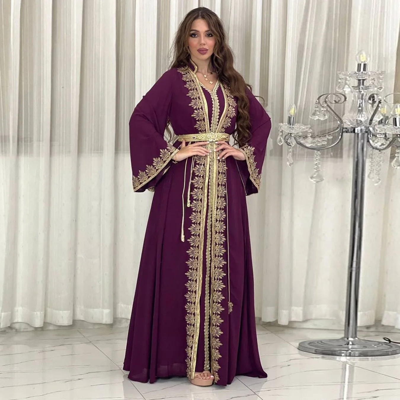 Charming Long Dress For Muslim Women\'s Long-Sleeved Dress Middle East Muslim Robe Dubai Dresses Moroccan 2 Pieces Set Abaya