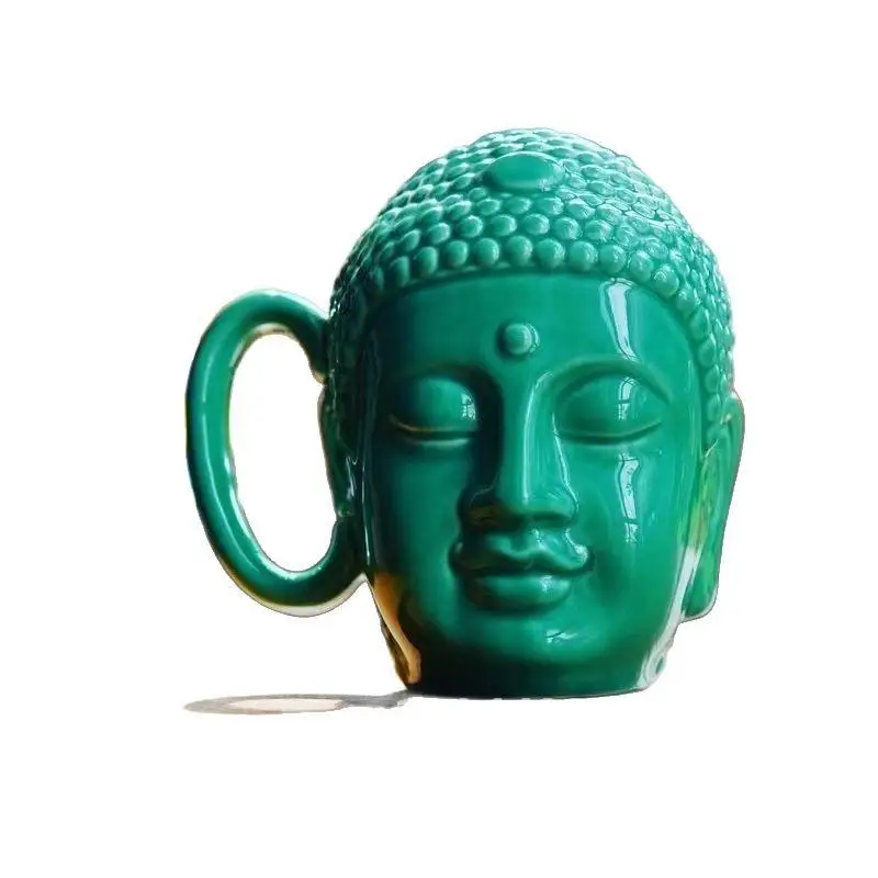 

Buddha Head Ceramic Mug - Dark Green & Pure White Porcelain Cup with Compassion Design Japanese Style Big Buddha Cup Gift Set