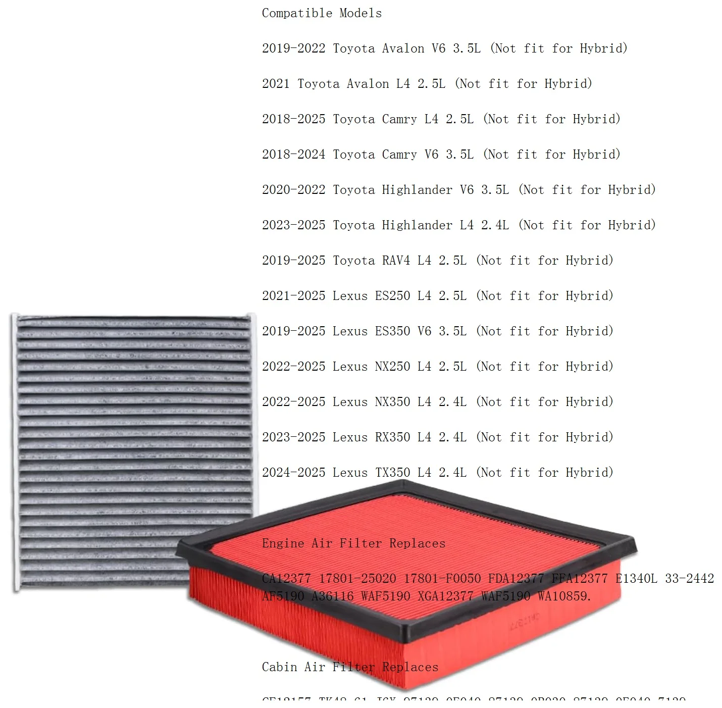 Air Filter Cabin Filter For Toyota 2018-2025 Camry, 2020-2025 Highlander, 2019-2022 Avalon, 2019-2025 RAV4 1780125020 8713948050