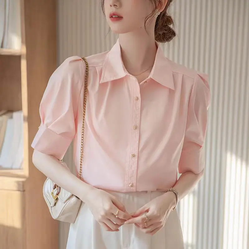 Summer Office Lady Short Sleeve Shirts Women\'s Solid Color Basic Blouse Korean Fashion Button Up Elegant Female Clothing Tops