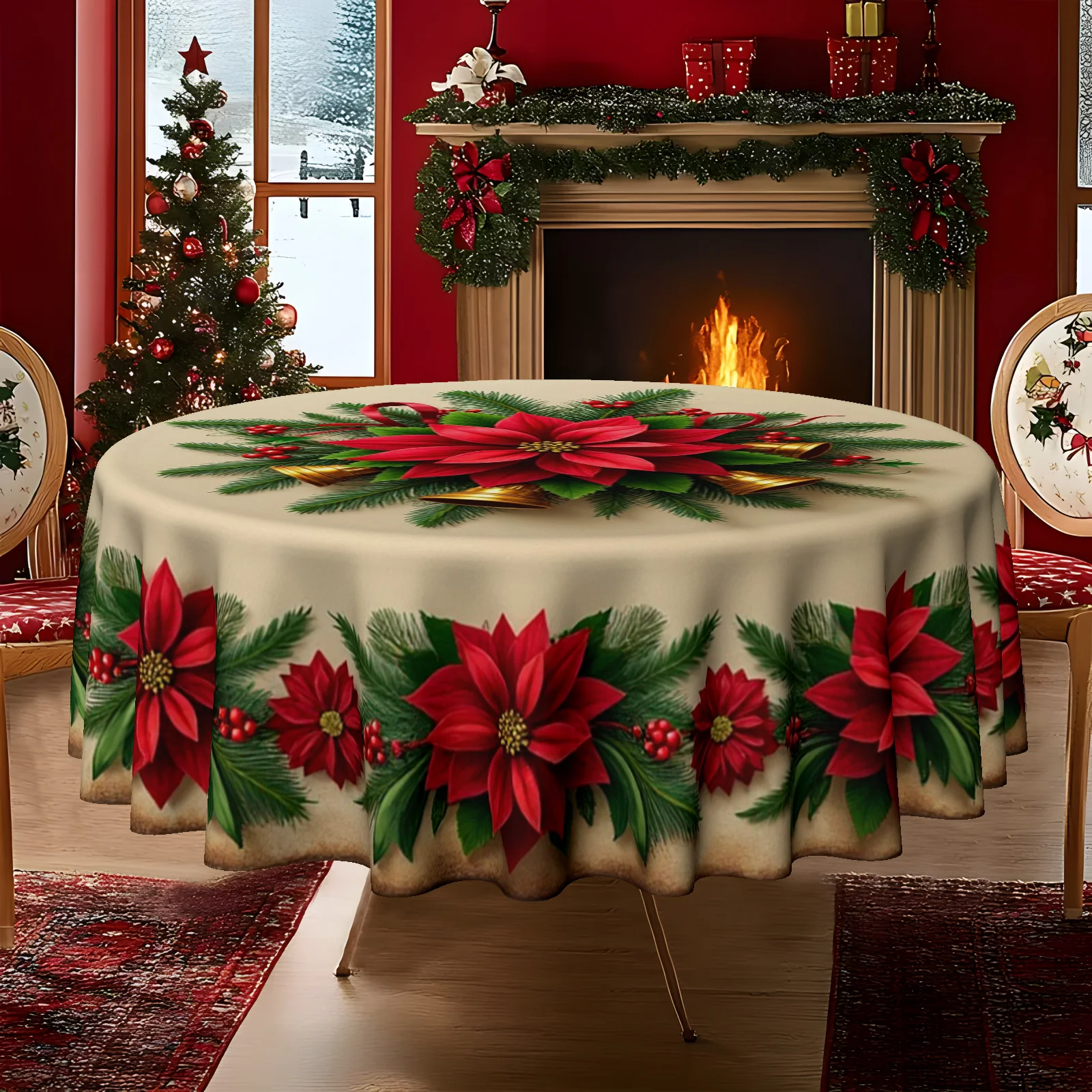 Round tablecloth for Christmas and Easter, poinsettia bell-themed table cover with festive poinsettia and bell print