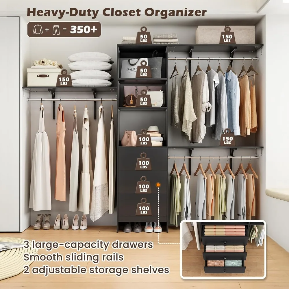 High Capacity Wardrobe Rack with 3 Drawers, Shelves & Expandable Hanger Rods, Fits 6-9 ft Spaces