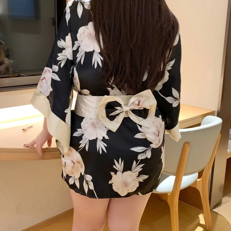 Plus Size Sexy Lingerie Sakura Kimono Lovely Japanese Cosplay Uniform Roleplay Robe Floral Bathrobe Short Night Dressing Gown