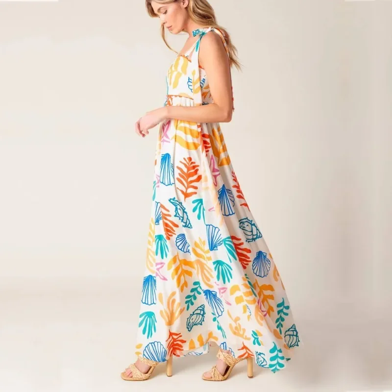 Y2K Abito lungo senza maniche Stampa con cinturino per spaghetti Abito a linea Abito ampio da spiaggia per le vacanze Abito lungo floreale Boho da donna