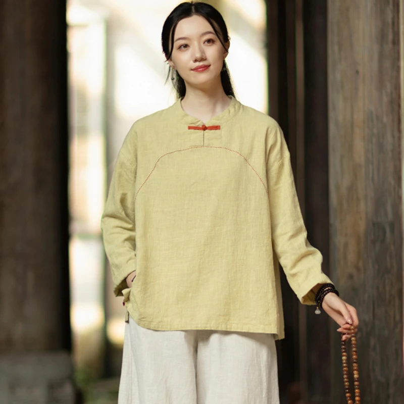 عالية الجودة القطن تي شيرت كتان المرأة الجديدة 2025 الخريف النمط الصيني خمر الوقوف طوق الإناث بلايز عادية قمصان M2021