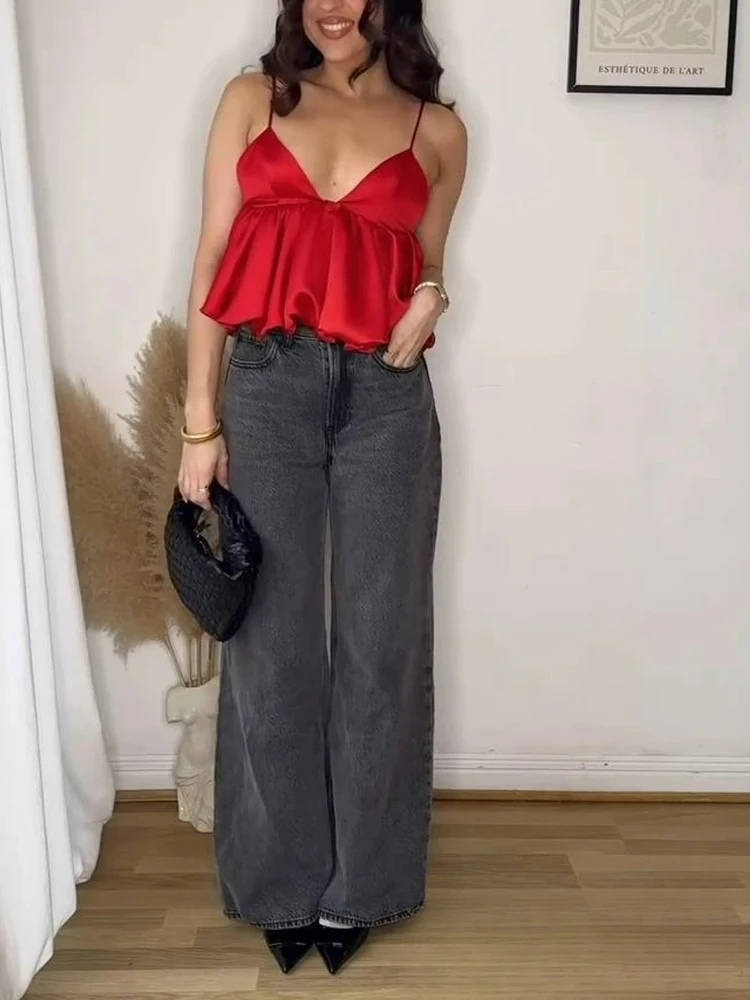 

KONDALA Sexy Chic Red Women Cami Tops Solid Satin Puff Backless Sleeveless Short Vest Fashion 2025 Summer Holiday Beach Tops