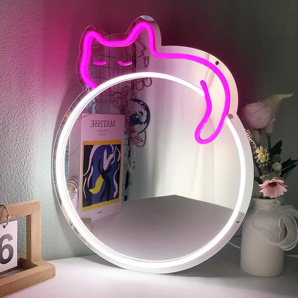 

Cat Neon Signs Vanity Mirror USB Powered with Dimmer LED Cute Neon Light for Bedroom Living Room Party Birthday Gifts for Girls