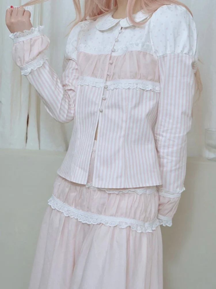 Pink Polka Dot Patchwork Peter Pan Collar Long Sleeve Single Breasted Fashion Women Shirt