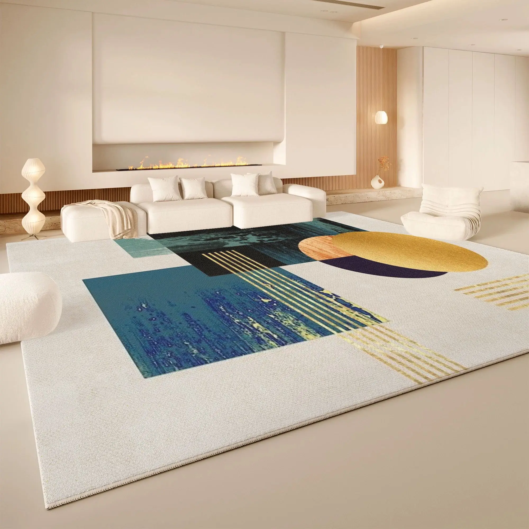 VIKAMA Blue Gold Abstract Geometric Area Rug Washable Non Slip Living Room Carpet Modern Neutral Home Floor Decor Rug