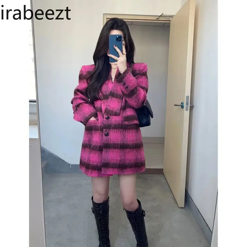 Quality Fashion Elegant Vintage Plaid Tweed Suit Jacket High-waisted Shorts Chic Two Pieces Sets Autumn and Winter Deux-pièces