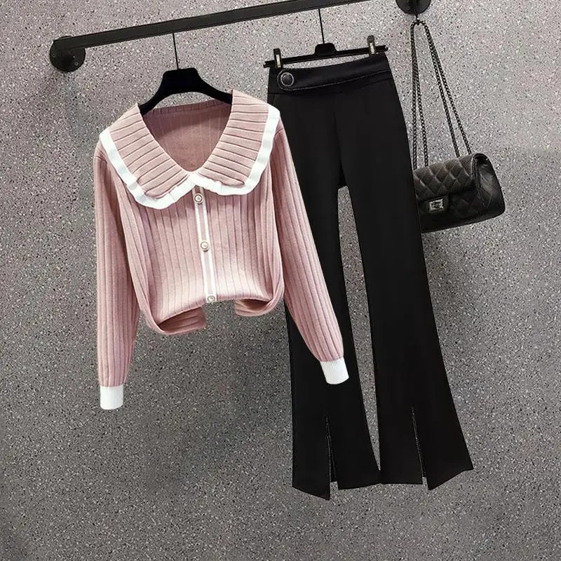 Conjunto de 2 piezas para mujer, ropa de estilo perezoso, pantalones Micro acampanados de temperamento dulce, puede ser dulce o salado, talla grande