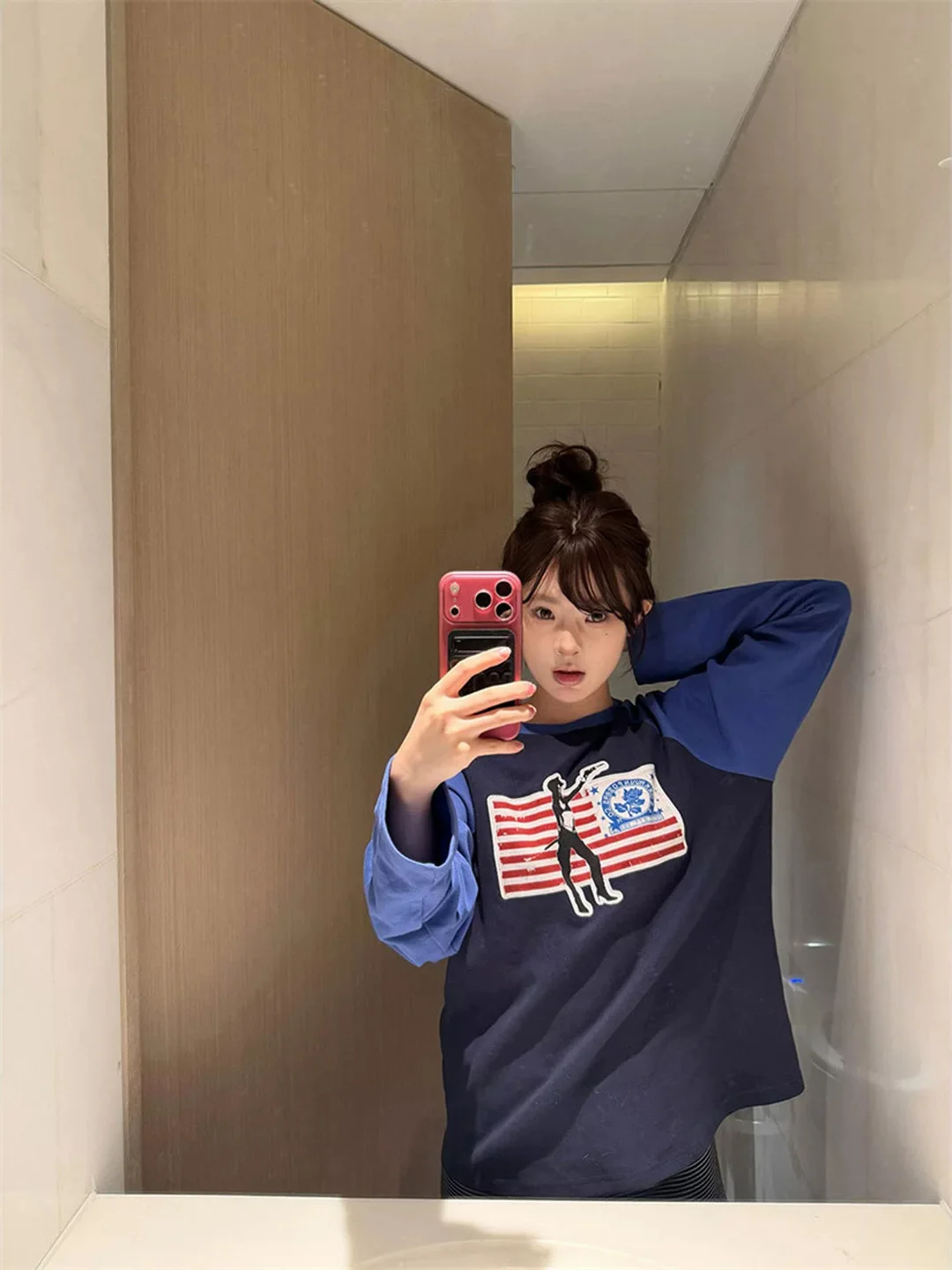American Style Long Sleeve T-Shirt Women Loose Fit Casual Flag Print Shoulder Insert Autumn Fashion Small Size Friendly Top