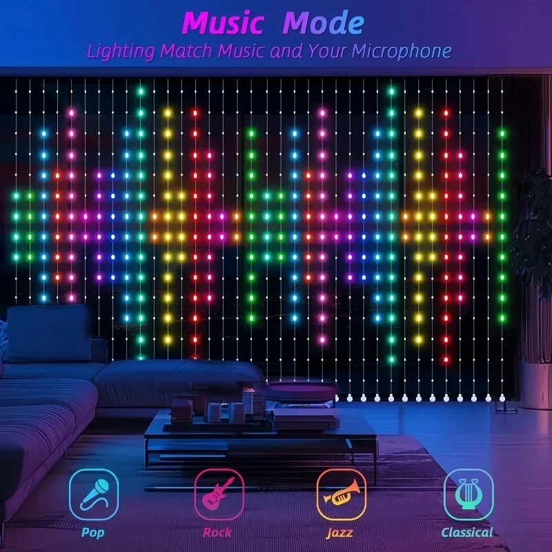 400 LED Smart Curtain Lights Multi-color Musical Fairy String Lights USB Powered with Remote Control App Control for Wedding