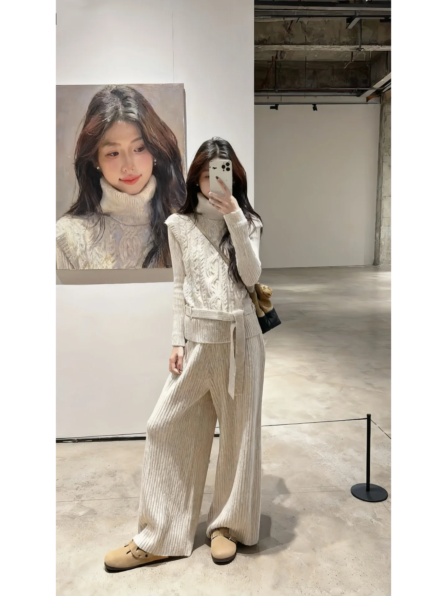 

Ladies Casual Style Two-Piece Set Cozy Neck Sweater Base Shirt And Pants Spring Fashion Outfit High Waist Long Pants