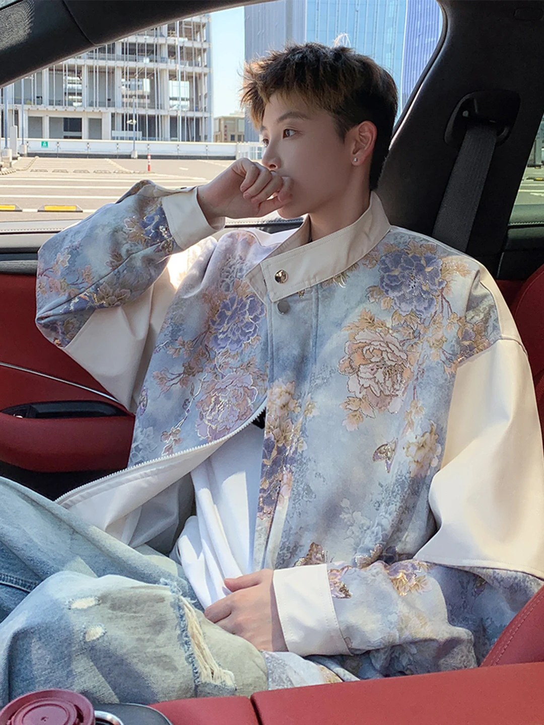 

Новое китайское пальто в стиле пэчворк с цветочным принтом, мужское осеннее кожаное пальто высокого дизайна, модная молодежная повседневная одежда на открытом воздухе