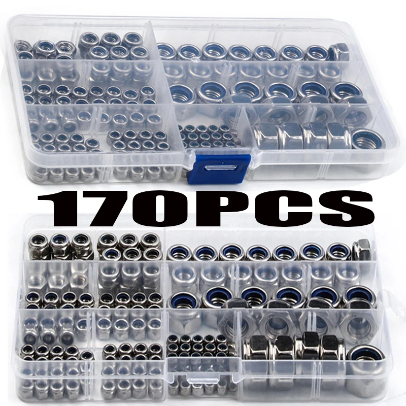 170PCS/Set Nylon Lock Nuts Fastener M3/M4/M6/M8/M10/M12 Metric Thread Stainless Steel Self-locking Hex Locknut Kit