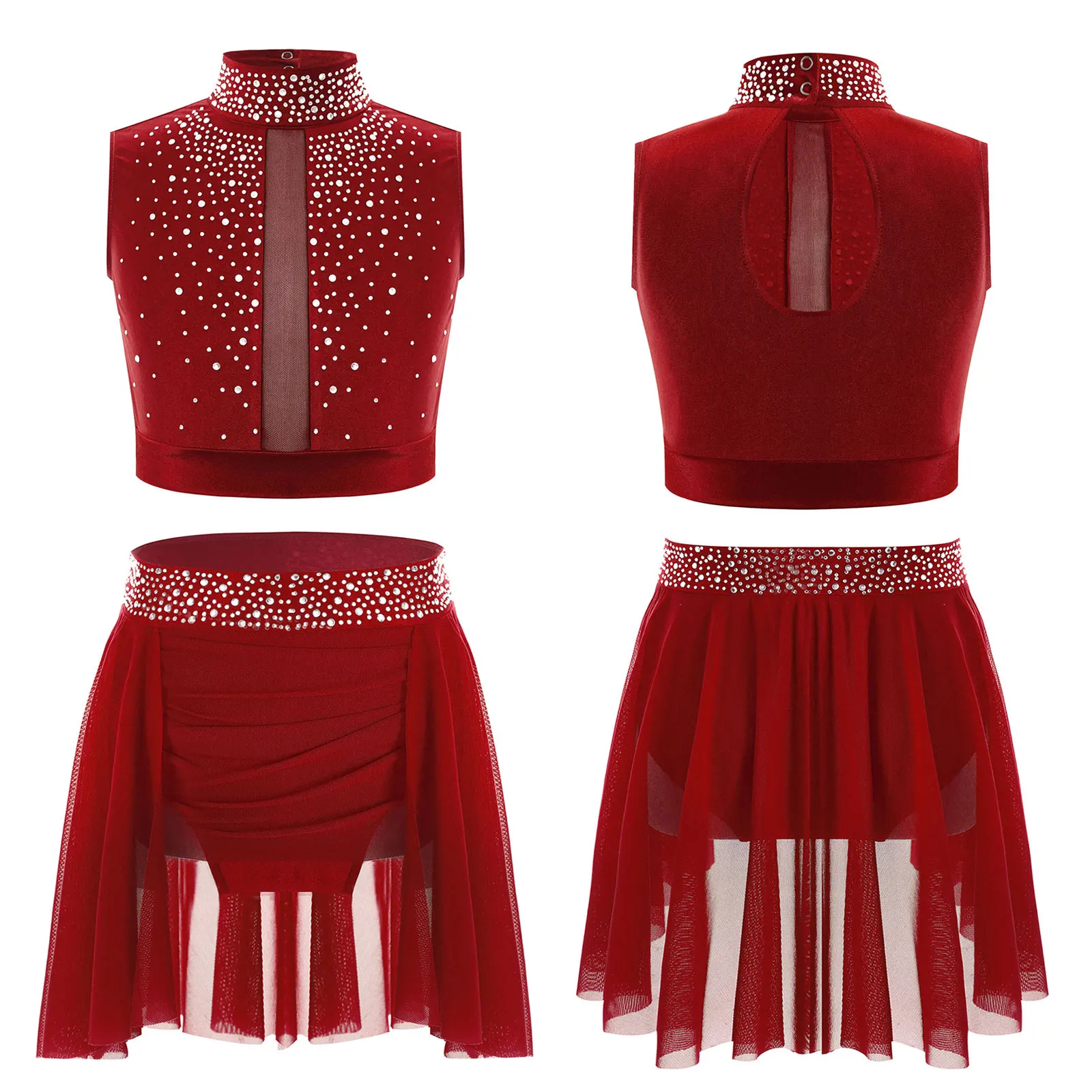 

Kids Girls Sleeveless Rhinestones Clothes Set Crop Top with Skirt Rhythmic Gymnastics Artistic Skating Lyrical Dance Costume