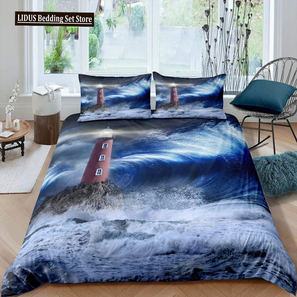 Lighthouse Duvet Cover Set Nautical Surfing Ocean Wave Bedding Set Queen Polyester Coastal Nature Theme Quilt Cover For Boy