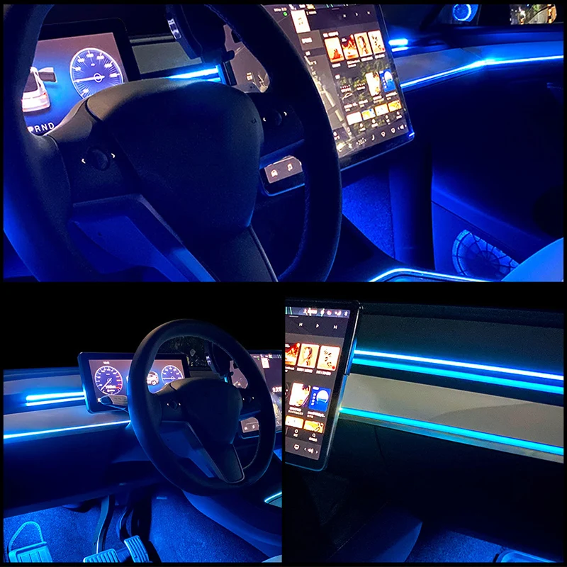 Para Tesla Model 3 Y Luzes Ambientais LED Tiras Neon Iluminação Car Center Console Painel Pé APP Controle Interior Acessórios