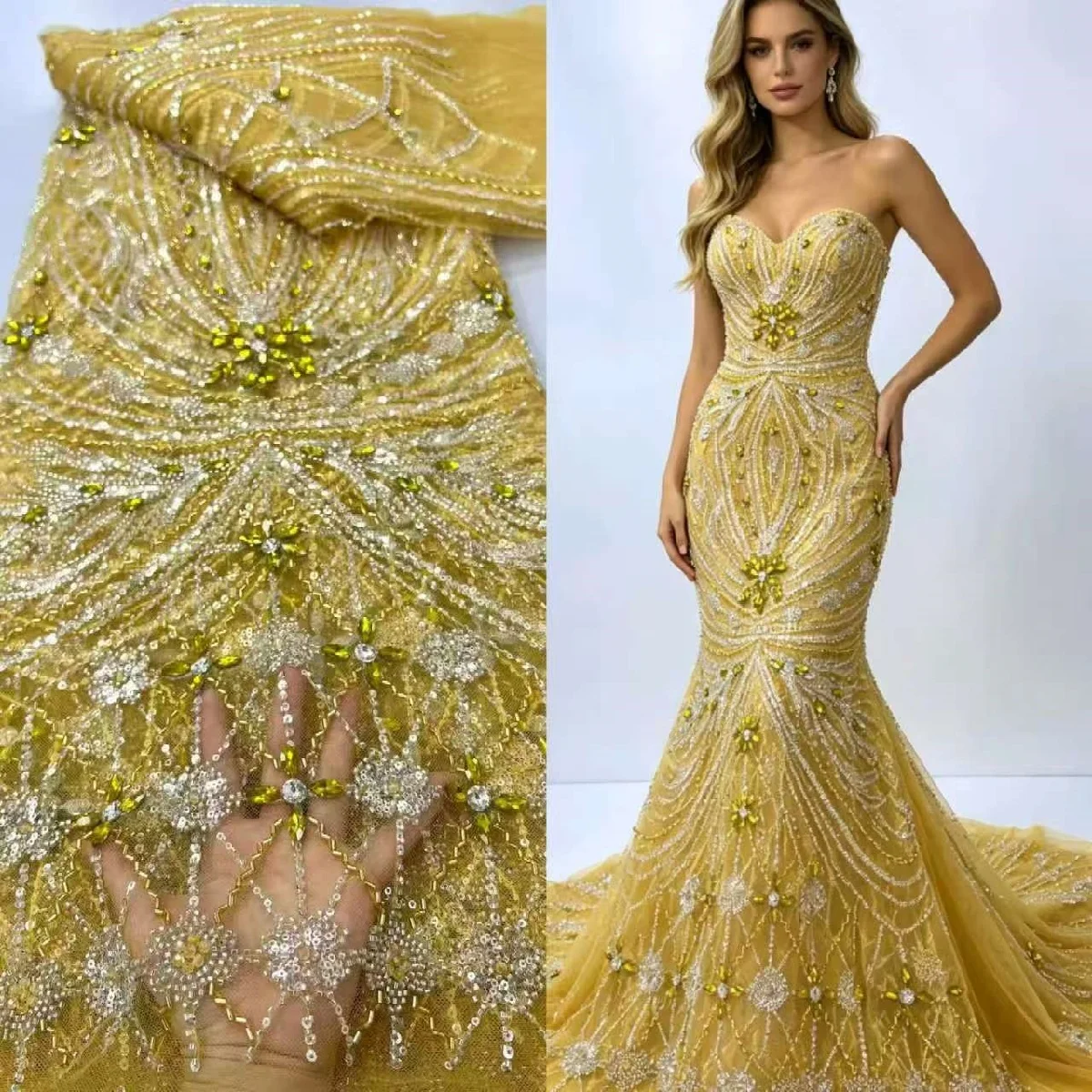 

2026 New Gold Heavy Beaded Tulle Lace Fabric, African Sequined Rhinestone Embroidered Lace for Nigerian Wedding Party Gowns