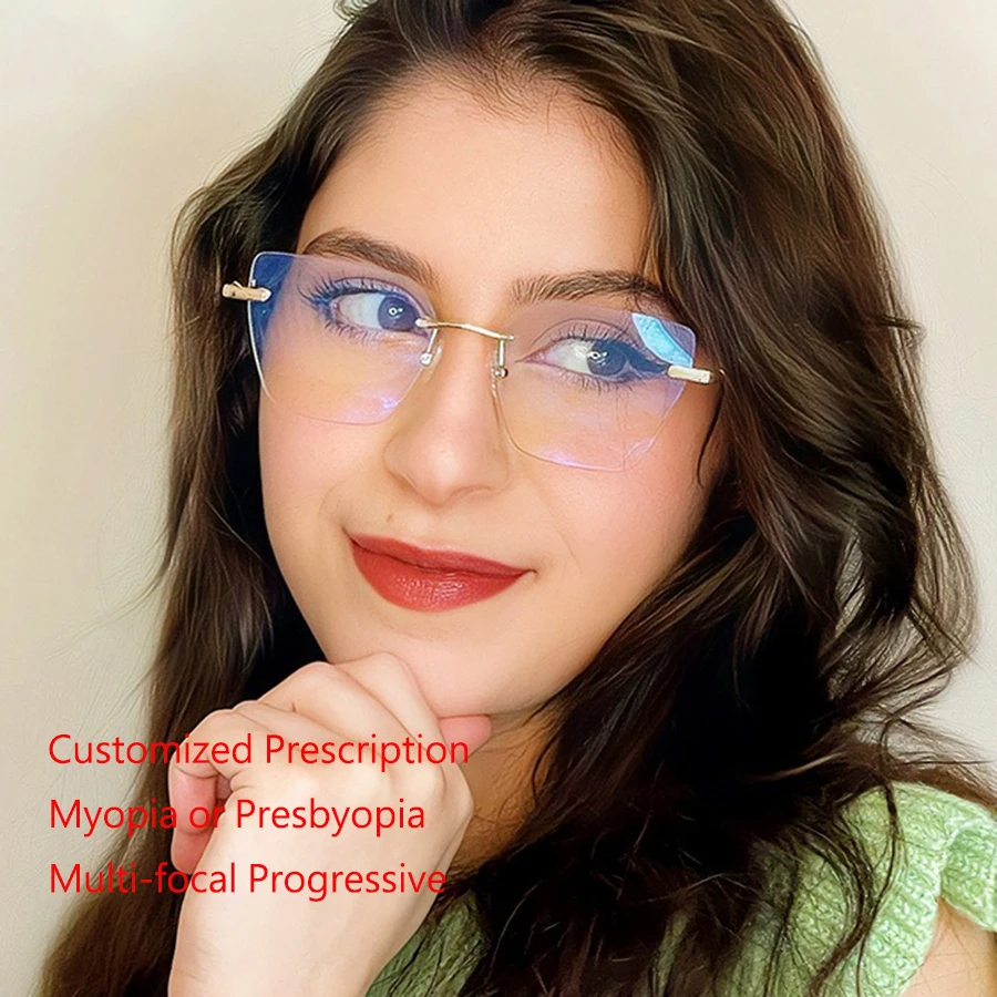 

Customized Prescription Glasses Women Rimless Multi-Focal Progressive Photochromic Anti-Blue Light Myopia Hyperopia Eyeglasses