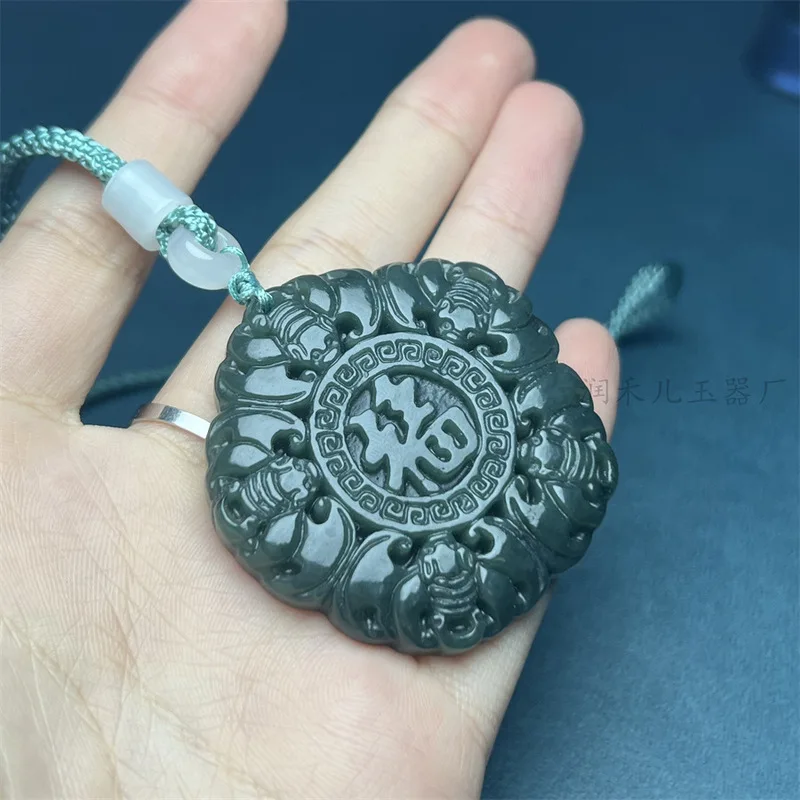 Natural Five Arrive At Door , Hotan Green Jade Blessings Before Your Eyes Pendant, Fu Lu C