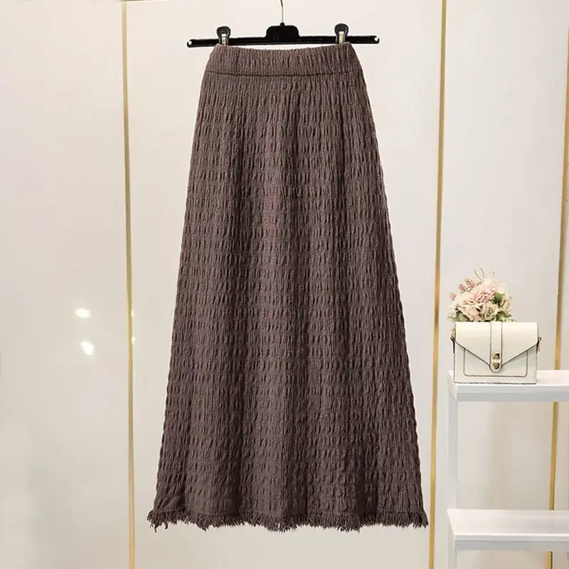 Inverno feminino malha midi saia de cintura alta uma linha emagrecimento flowy franja saia longa estilo elegante