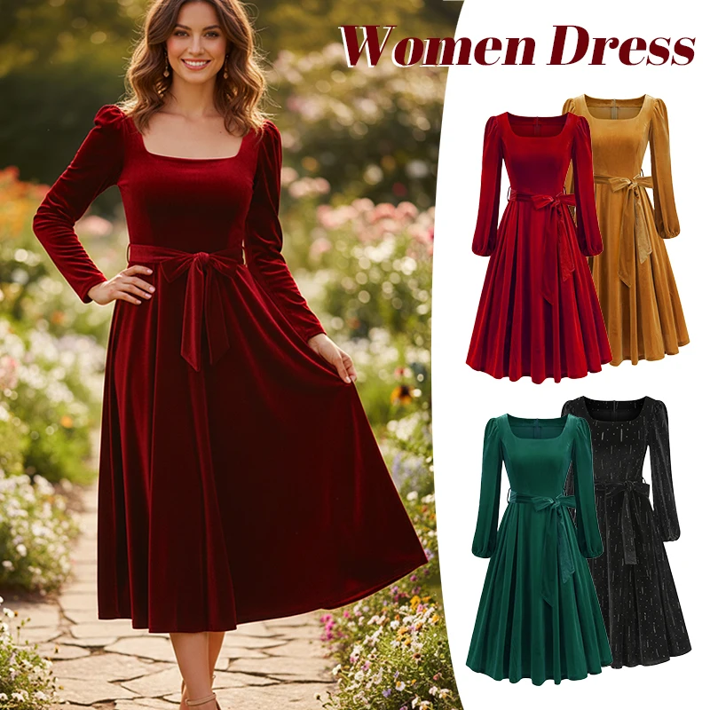 

Autumn Winter Vintage Velvet Christmas Elegant Party Dress Square Neck Long Bishop Sleeve Belted Swing Pleated Evening Dresses