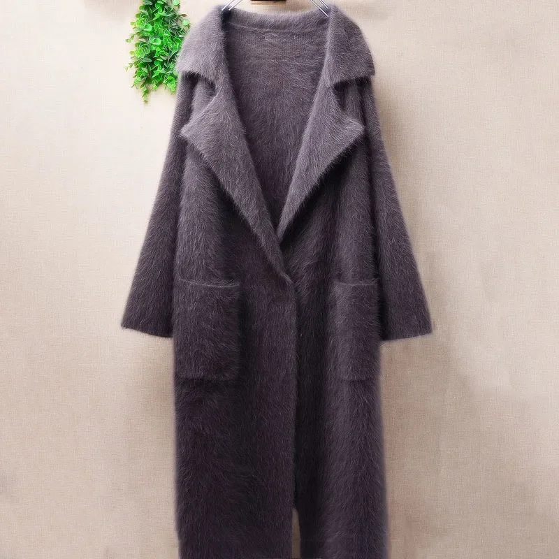 

Ladies Women Autumn Winter Clothing Hairy Mink Cashmere Knitted Suit Collar Long Sleeves Loose Long Sweater Cardigans Jacket Top