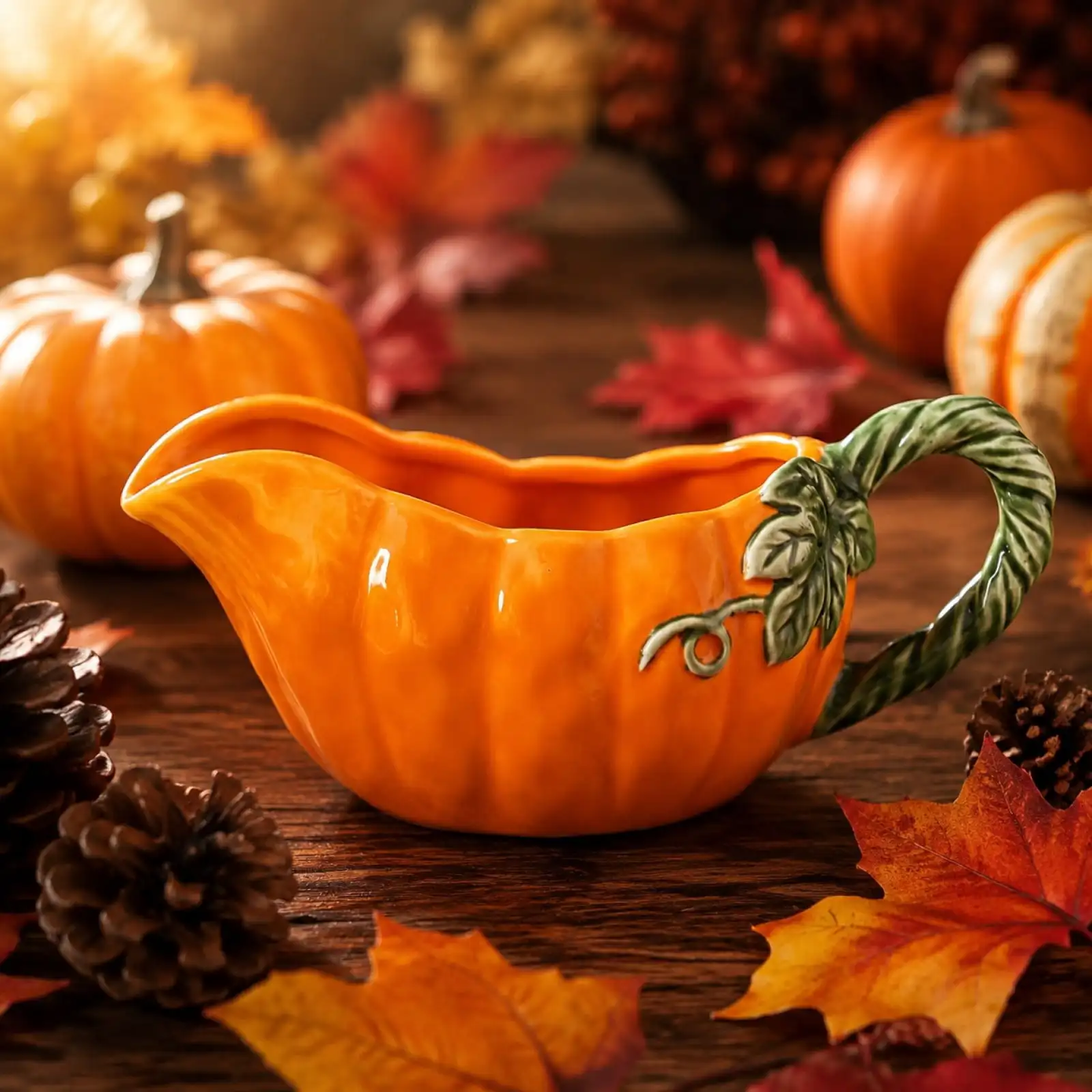 Halloween Ceramic Pumpkin Saucy Glass Gravy Dish with Handle Gravy Sauce Boat for Dining Holiday Meals & Parties Gift