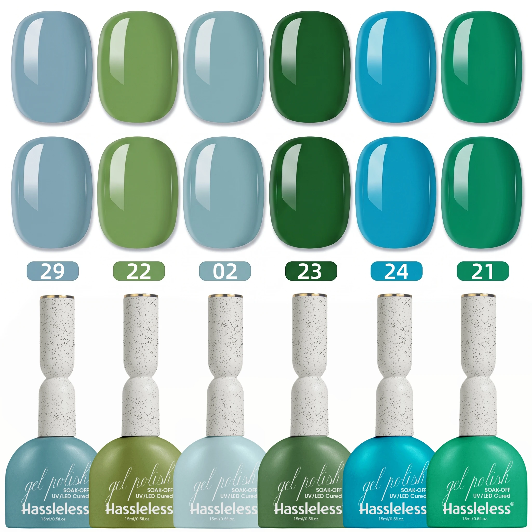 Hassleless 6Pcs Blue-Green Nail Polish Gel Set, Gentle and Removable Formula, Suitable for All Skin Tones, Ideal for Commuting, Dating, and Holiday Manicures, Fashionable Nail Gel, Perfect Gift for Nail Enthusiasts