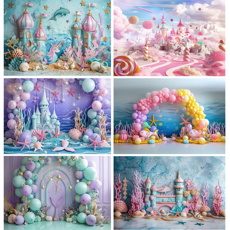 

Fairy Castle Mermaid Seashells Circus Tent Photography Backdrops Balloons Birthday Party Decor Photo Studio Background NR-05