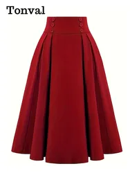 Tonval Double Breasted High Waist Pleated Long Skirt for Women 2024 Autumn Winter Elegant A-Line Vintage Red Solid Skirts