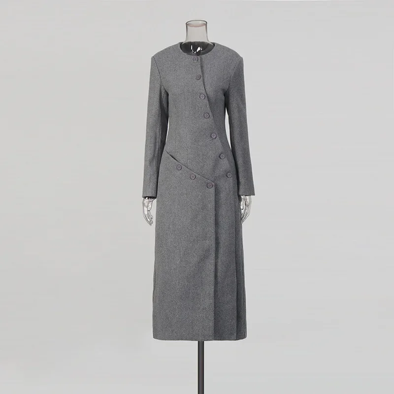 Solid Spliced Buttons Jacket O Neck Long Sleeve Slimming Irregular Coat Female Clothing Elegant Long Coat Lady 2026 Spring New