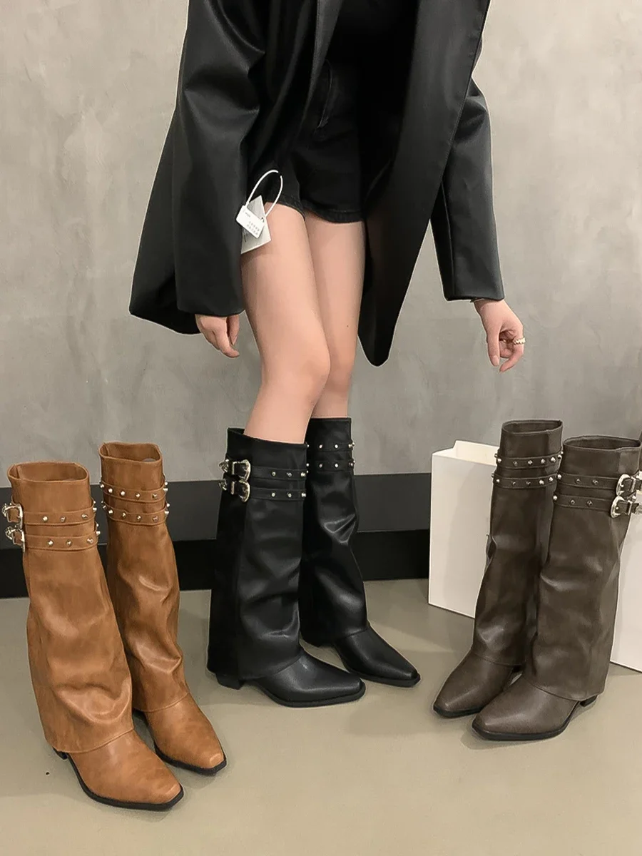 

Women's Shoes 2024 Autumn/winter Retro Rivet Knight Pile Up Boots Long Tube Pointed Square Heel Pants Leg Boots